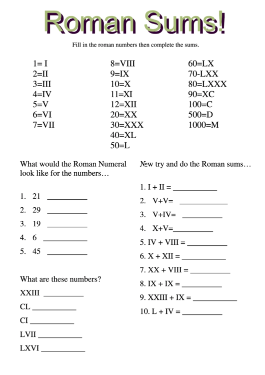Roman Sums Reference Sheet Printable pdf