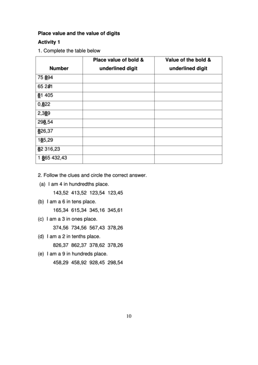Place Value And The Value Of Digits Printable pdf