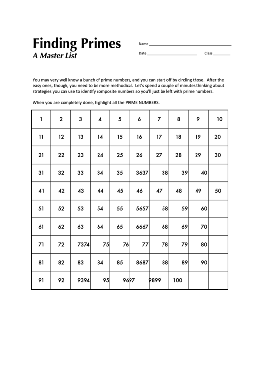 Finding Primes A Master List Template - Hundred Chart For Prime Numbers Printable pdf