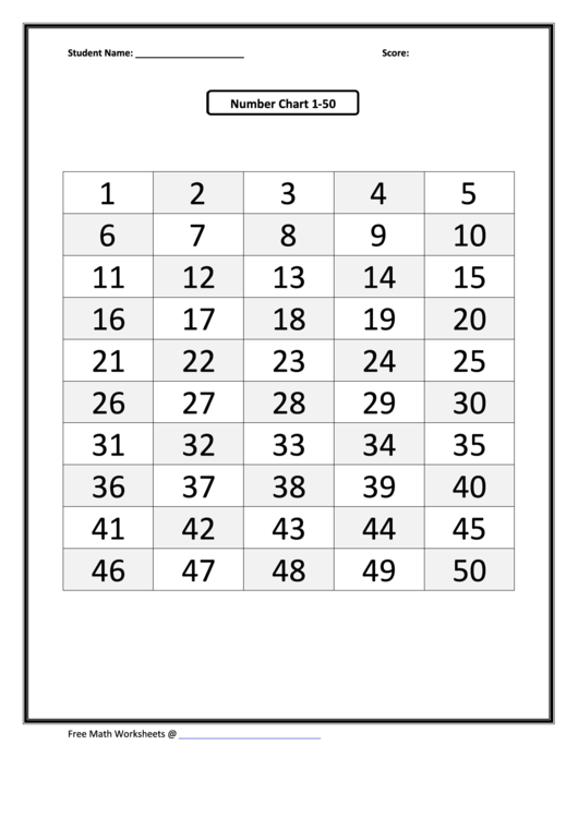 Number Chart 1-50 Worksheet Template Printable pdf