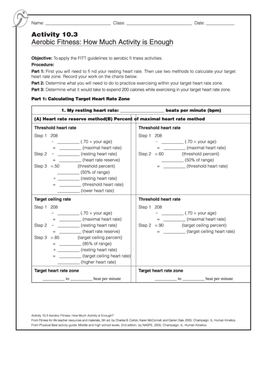 Aerobic Fitness Activity Sheet - Activity 10.3 (Fitness For Life Teacher Resources And Materials) Printable pdf