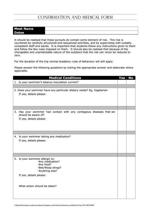 Swimming Academy Confirmation And Medical Form Printable pdf
