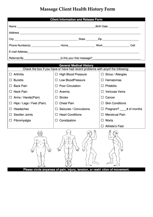 Massage Client Health History Form Printable pdf