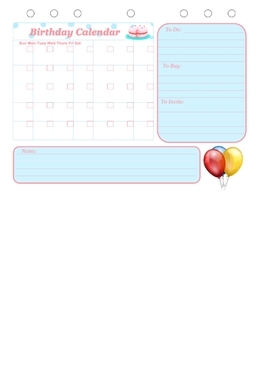 Birthday Calendar & Event Planner Template Printable pdf
