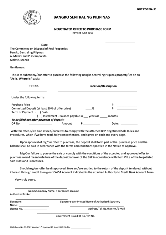 Negotiated Offer To Purchase Form Printable pdf