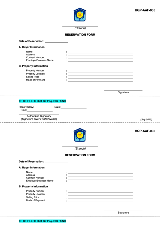 Reservation Form Printable pdf