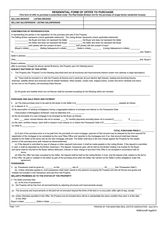Residential Form Of Offer To Purchase Printable pdf