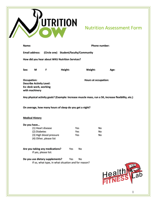 Nutrition Assessment Form Printable pdf