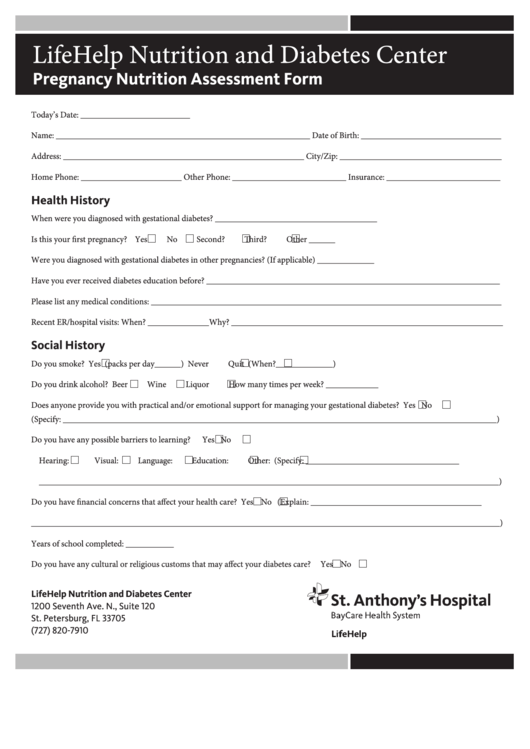 Lifehelp Nutrition And Diabetes Center Pregnancy Nutrition Assessment Form Printable pdf