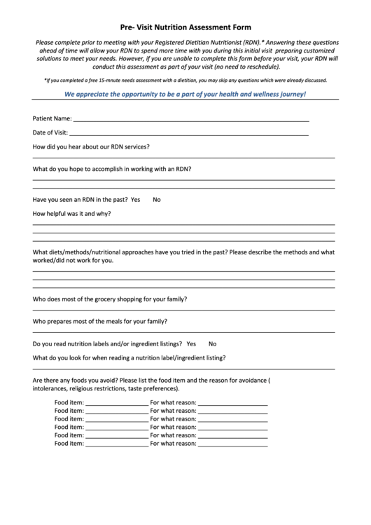 Pre - Visit Nutrition Assessment Form Printable pdf
