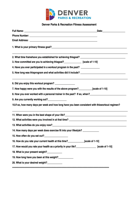 Denver Parks & Recreation Fitness Assessment printable pdf download