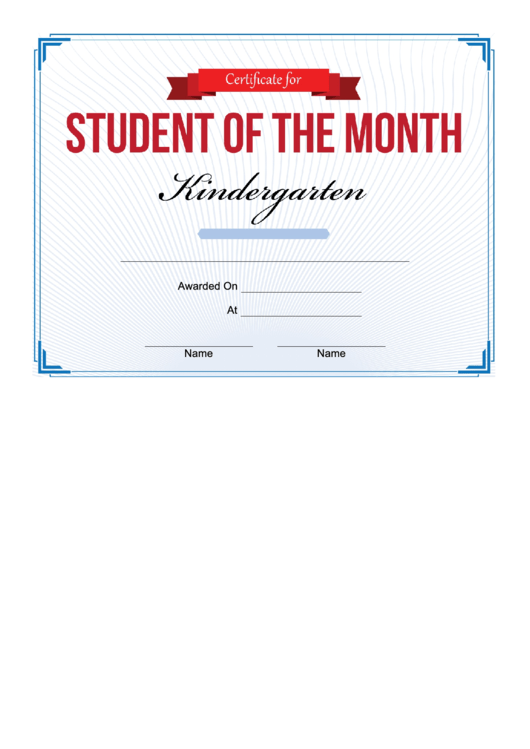 Student Of The Month Certificate Template - Kindergarten Printable pdf