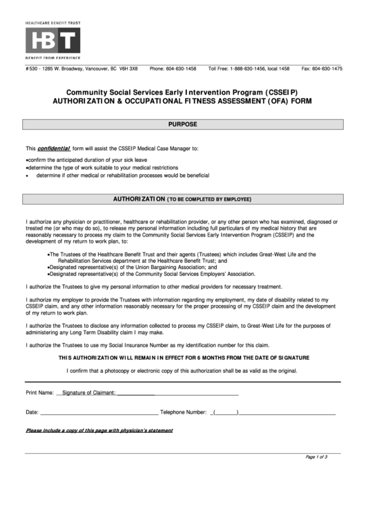 Authorization & Occupational Fitness Assessment (Ofa) Form Printable pdf