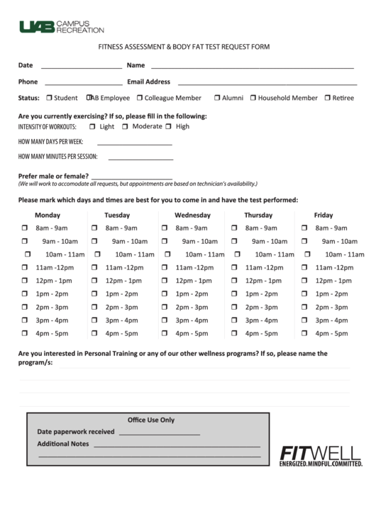 Fitness Assessment & Body Fat Test Request Form Printable pdf