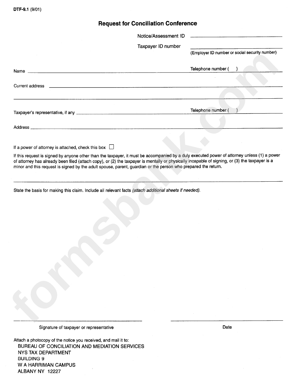 Form Dtf-9.1 - Request For Conciliation Conference Form - Nys Tax Department - New York