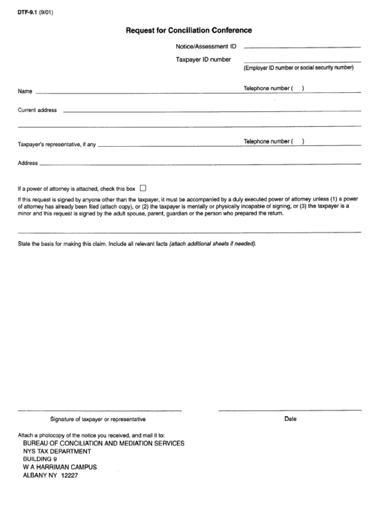 Form Dtf-9.1 - Request For Conciliation Conference Form - Nys Tax Department - New York Printable pdf