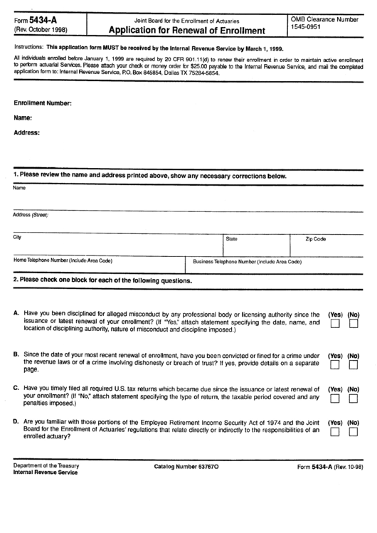 Form 5434-A - Application For Enrollment - Joint Board For The Enrollment Of Actuaries Printable pdf