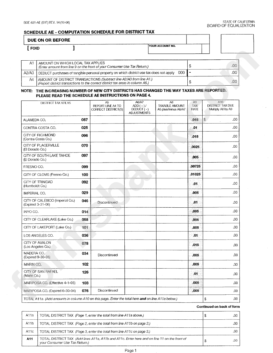 Form Boe-531-Ae(S1e) - Computation Shedule For District Tax