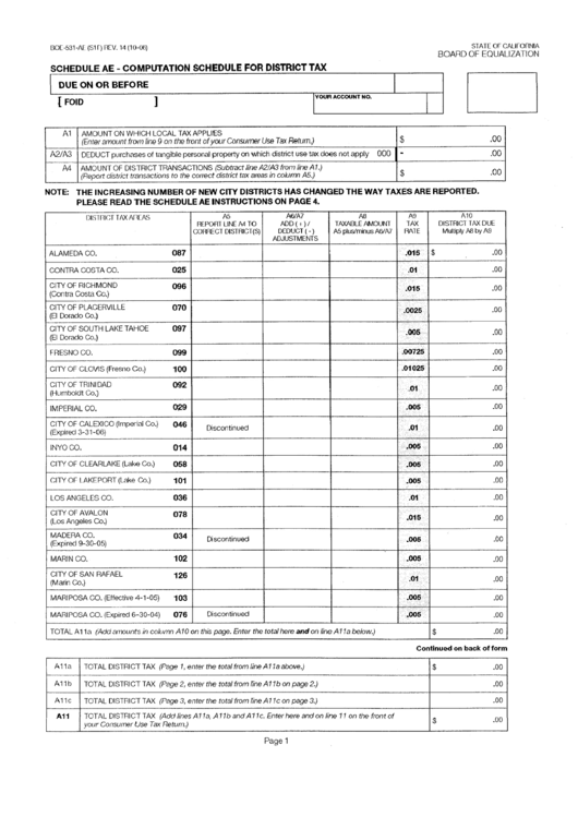 Form Boe-531-Ae(S1e) - Computation Shedule For District Tax Printable pdf