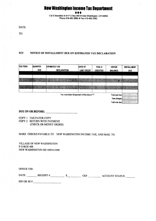 Notice Of Installment Due On Estimated Tax Declaration Form - New Washington Income Tax Department - Ohio Printable pdf