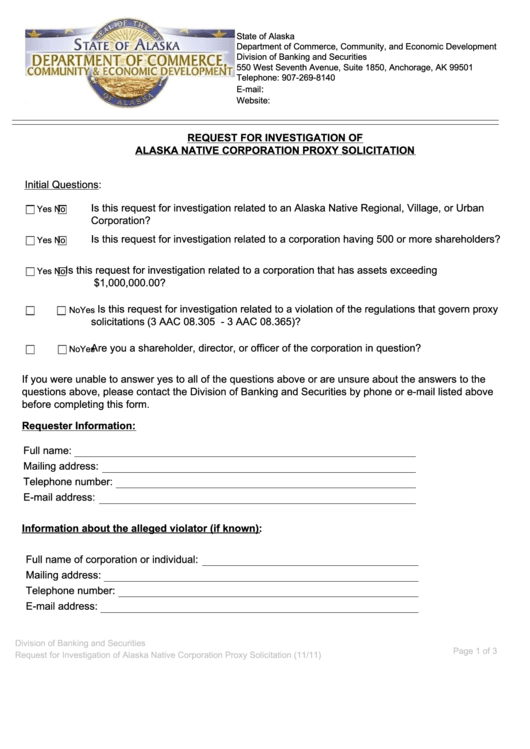 Fillable Request For Investigation Of Alaska Native Corporation Proxy Solicitation Form - Department Of Commerce, Community, And Economic Development Printable pdf