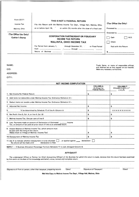 Form Co-71 - Corporation Partnership Or Fiduciary Income Tax Return Printable pdf