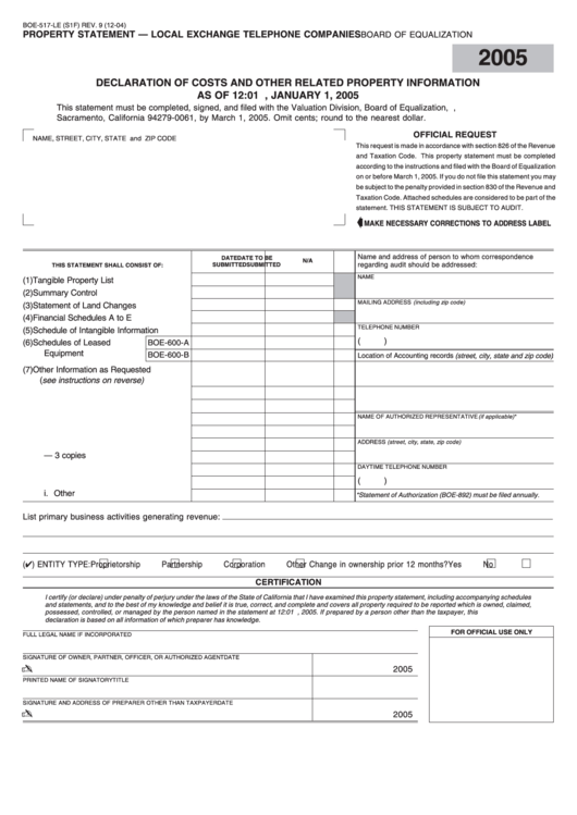 Fillable Form Boe-517-Le (S1f) - Property Statement - Local Exchange Telephone Companies - 2005 Printable pdf