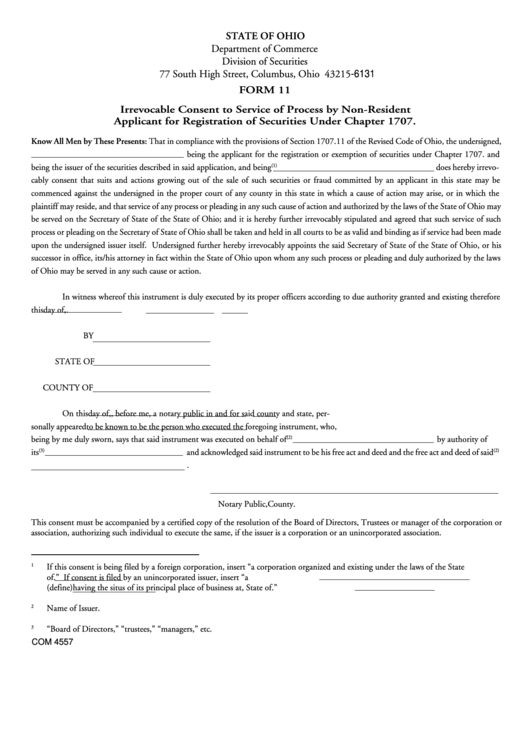 Form 11 - Irrevocable Consent To Service Of Process By Non-Resident Applicant For Registration Of Securities Under Chapter 1707 - Department Of Commerce Printable pdf