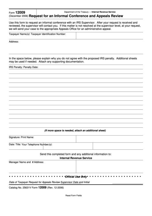 Fillable Form 12009 - Request For An Informal Conference And Appeals Review - Internal Revenue Service - 2006 Printable pdf