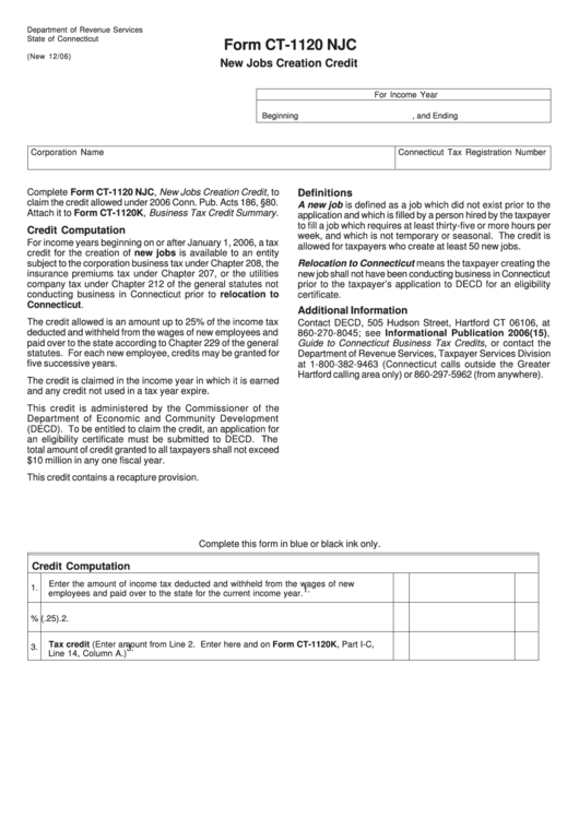 Form Ct-1120 Njc - New Jobs Creation Credit - Department Of Revenue Services - Connecticut Printable pdf