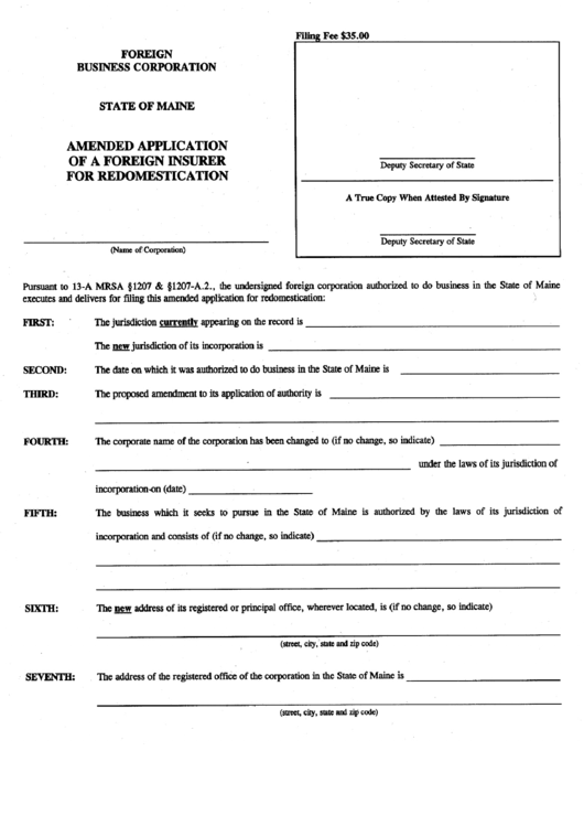 Form Mbca-12-Ins 99 - Amended Application Of A Foreign Insurer For Redomestication Printable pdf