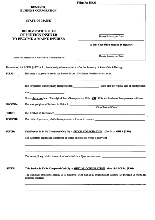 Form Mbca-6-Ins 99 - Recomendation Of Foreigninsurer To Become A Maine Insurer Printable pdf