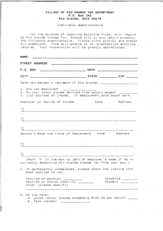 Individual Questionnaire Form Printable pdf