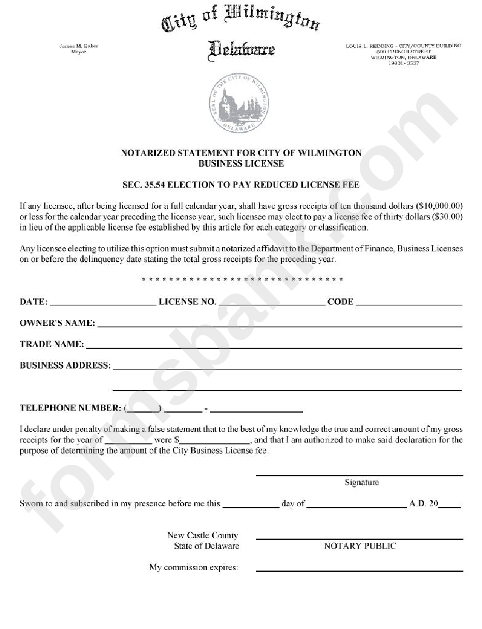 Notarized Statement For City Of Wilmington Business Licence - Sec, 3554 Election To Pay Reduced License Fee Form - Wilmington
