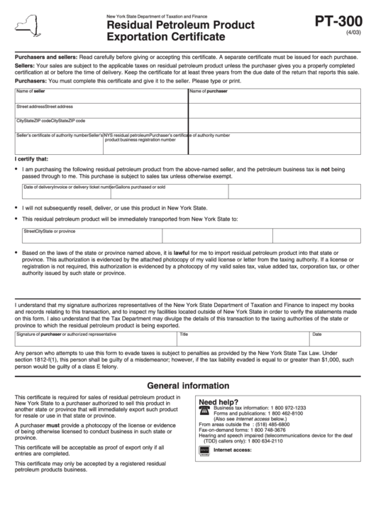 Form Pt-300 - Residual Petroleum Product Exportation Certificate Form - New York State Department Of Taxation And Finance Printable pdf