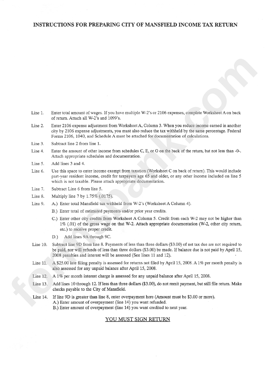 Mansfield Income Tax Return Packet