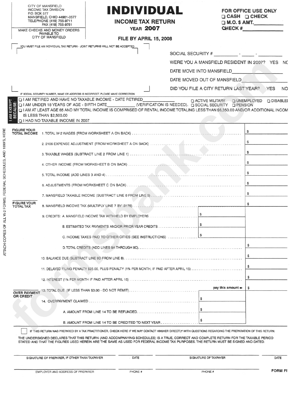 Mansfield Income Tax Return Packet