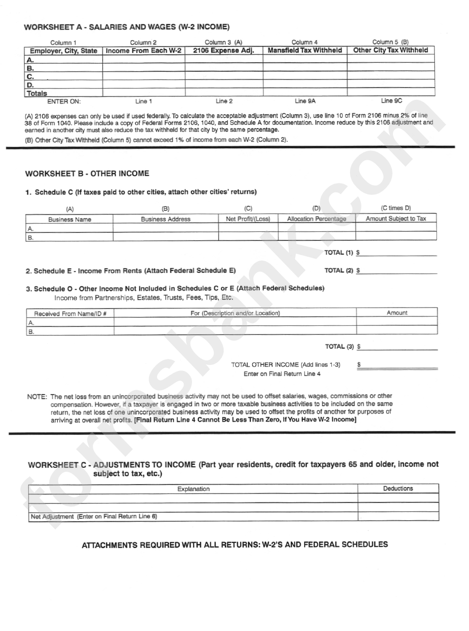 Mansfield Income Tax Return Packet