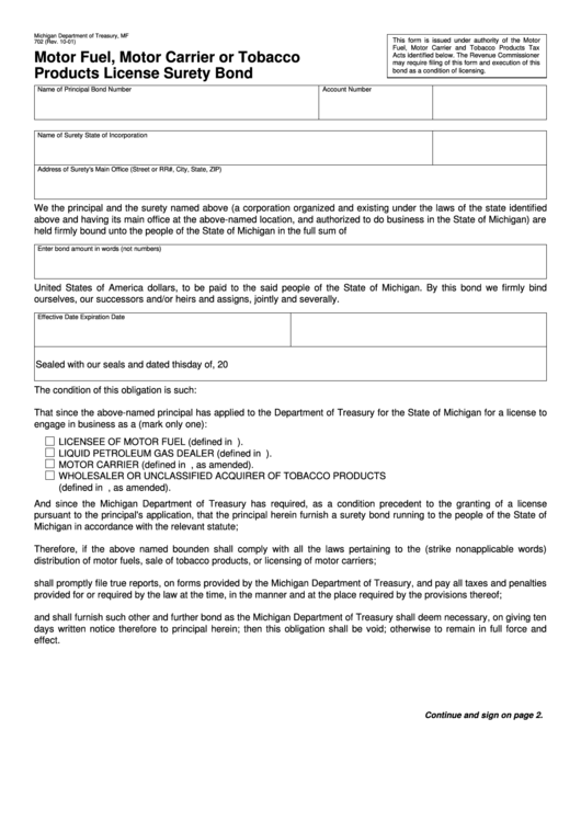 Form 702 - Motor Fuel, Motor Carrier Or Tobacco Products License Surety Bond Form - Michigan Department Of Treasury Printable pdf