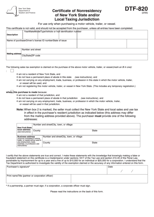 Form Dtf-820 - Certificate Of Nonresidency Of New York State And/or Local Taxing Jurisdiction - New York Department Of Taxation And Finance Printable pdf