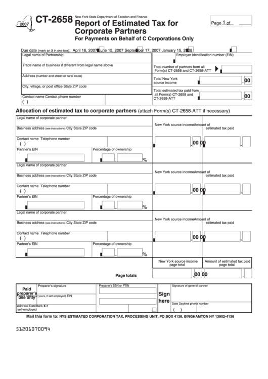 Form Ct-2658 - Report Of Estimated Tax For Corporate Partners - State Of New York Printable pdf