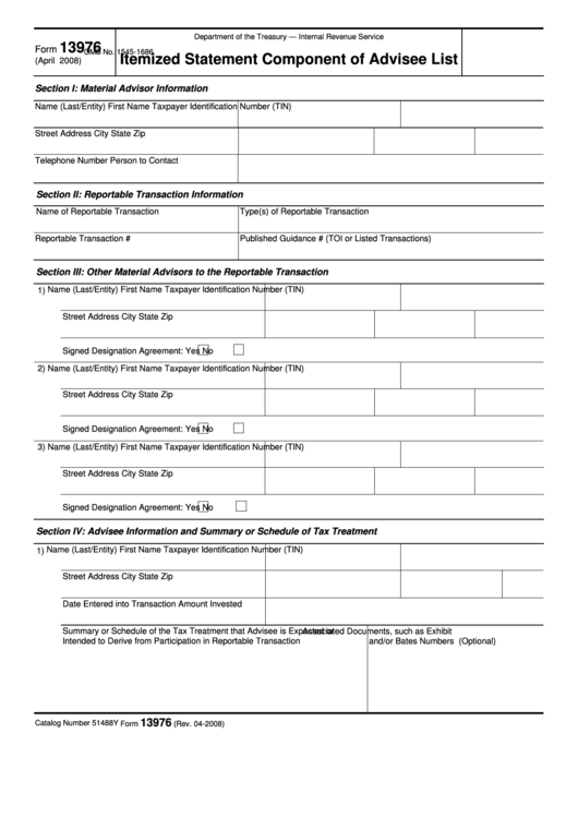 Fillable Form 13976 - Itemized Statement Component Of Advisee List Printable pdf