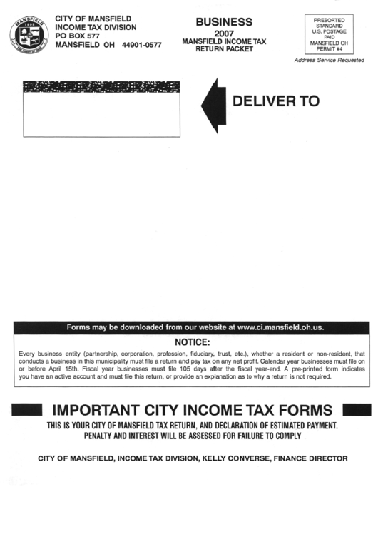 Mansfield Income Tax Return Packet - 2007 Printable pdf