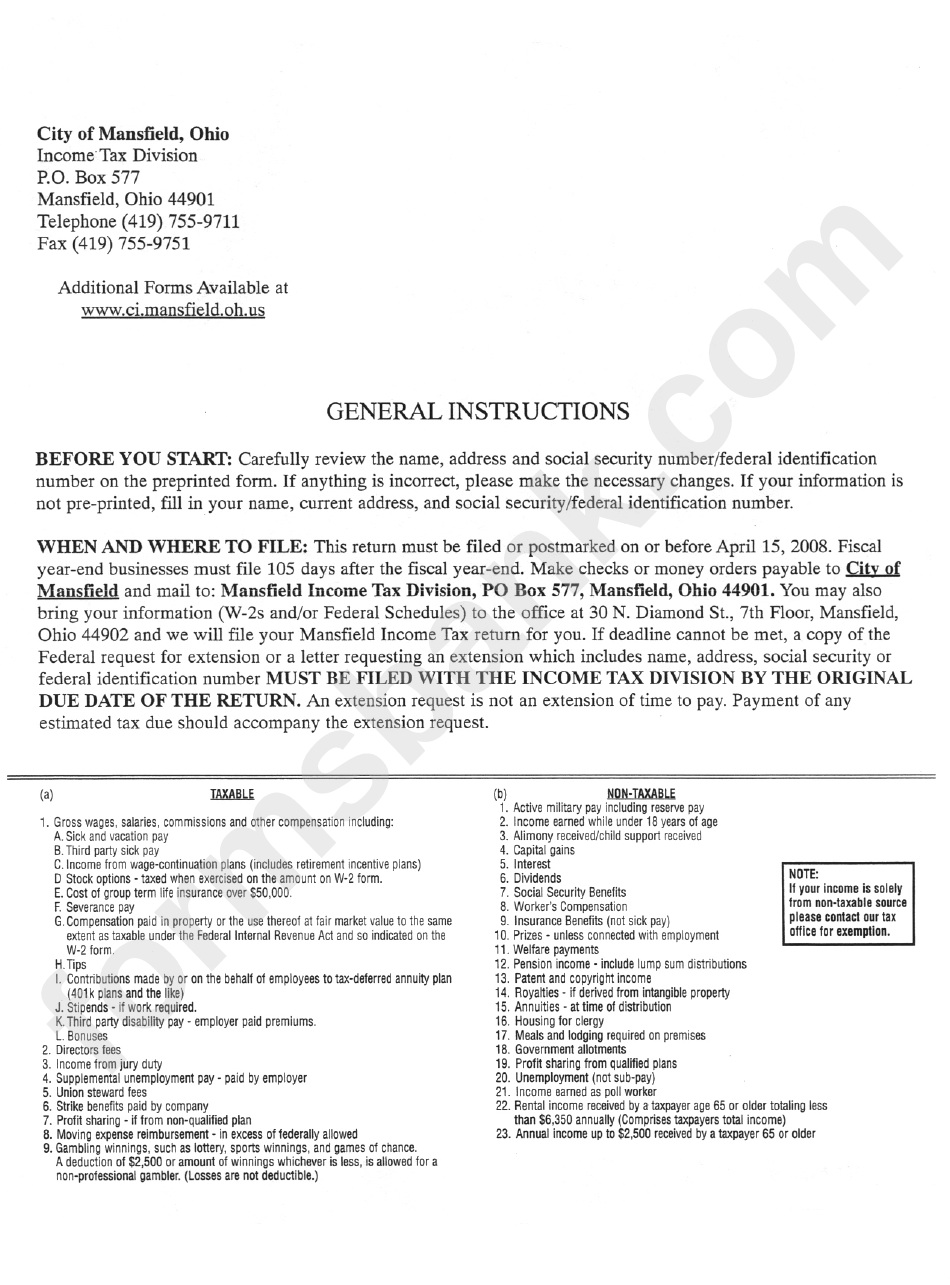 Mansfield Income Tax Return Packet - 2007