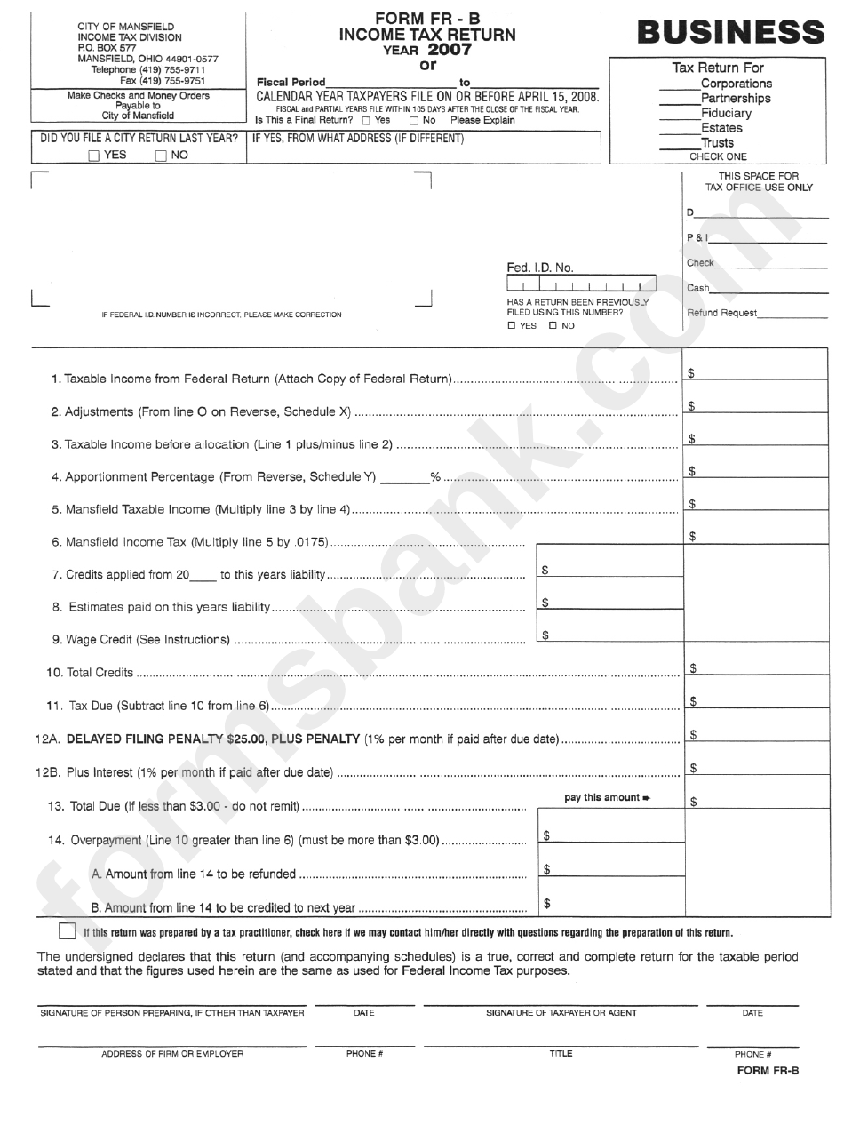 Mansfield Income Tax Return Packet - 2007