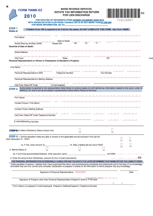 Form 706me-Ez - Estate Tax Information Return For Lien Discharge - 2010 Printable pdf
