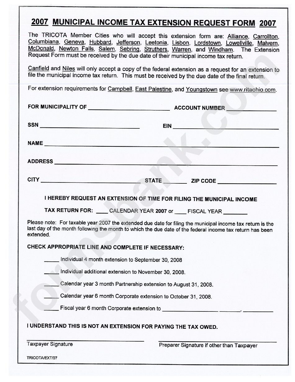 Municipal Income Tax Extension Request Form 2007