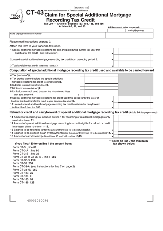Form Ct-43 - Claim For Special Additional Mortgage Recording Tax Credit - State Of New York Printable pdf