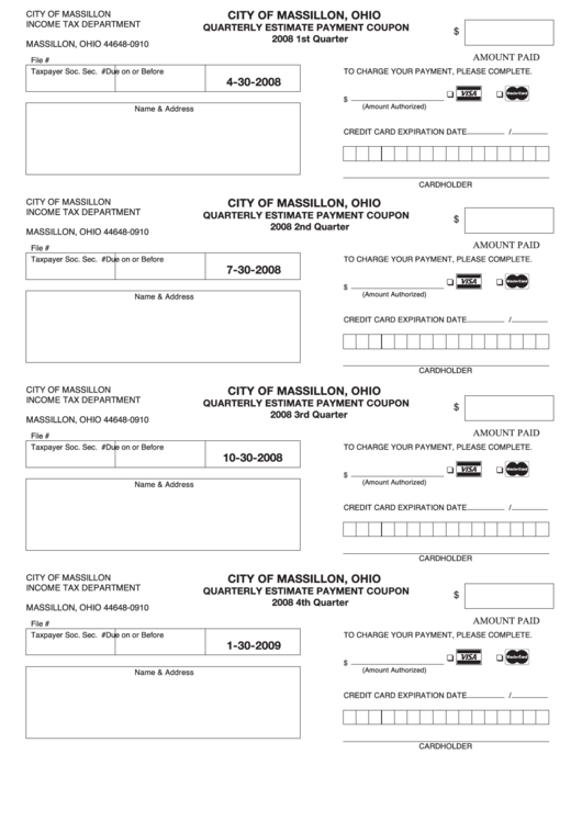 Quarterly Estimate Payment Coupon Form - City Of Massillon, Ohio -2008 Printable pdf