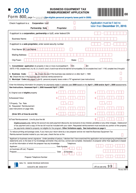 Form 800 - Business Equipment Tax Reimbursement Application - 2010 Printable pdf